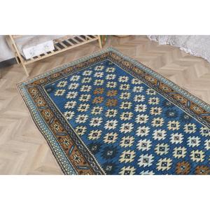 Alfombra Turca Vintage de 4.5x8.2 pies (138x249 cm), Alfombra de Lana Azul Ecológica con Parches y Base de Látex - Product Image 4