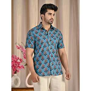 Camisa de Manga Corta para Hombre, Estampado Floral Azul, 100% Algodón, Corte Entallado, Estilo Casual/Esmoquin, Diseño ODM - Product Image 5