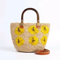 Sac à main bohème en paille pour femme, broderie florale, bandoulière amovible, fermeture éclair, fait main, grande capacité, sac de plage écologique