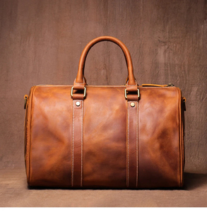 Sac de voyage pliable en cuir véritable, fermeture éclair, durable, marron, avec poignée cousue main - Product Image 1
