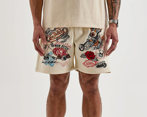 Shorts tendance d'été en coton épais style streetwear avec imprimé graffiti, taille élastique et cordon de serrage, coupe ample - Product Image 4