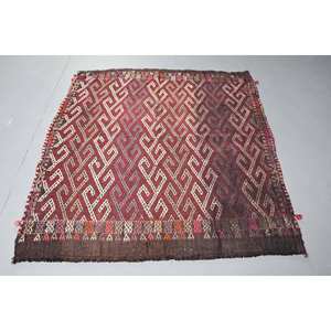 Tapis Ethnique en Laine Rouge Marron 4.9ft X 5.2ft Style Boho Patchwork Rectangle Rayé 10mm Latex pour Salon Couloir Chevet - Product Image 1