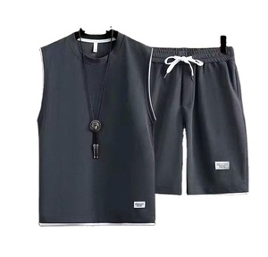 Ensemble d'été décontracté pour homme : Gilet ample à manches courtes en tissu gaufré et short de sport deux pièces avec design patchwork - Product Image 2