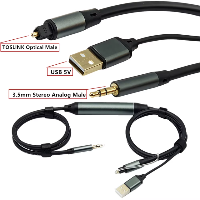 3.5mm AUX to Optical Fiber Digital Audio Converter with PVC Jacket USB-A Powered for Speaker Soundbar