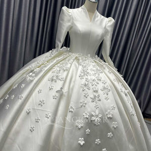 Robe de mariée Jancember CM57 en satin royal, robe de mariée à fleurs 3D, col haut, robe de bal, Vestido De Novia, manches longues, cathédrale, soirée - Product Image 3