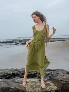 Vestido Maxi Bohemio de Playa para Vacaciones, Sin Espalda, Cuello Redondo, Algodón Liso Teñido, Cintura Natural para Mujer - Product Image 5