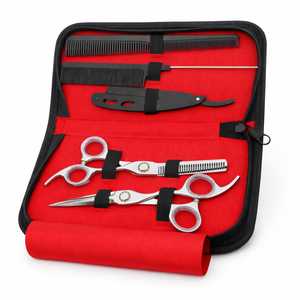 Kit de Coiffure Premium : Ciseaux de Barbier, Ciseaux à Effiler, Rasoir Droit, Peigne – Acier Inoxydable avec Étui - Product Image 1