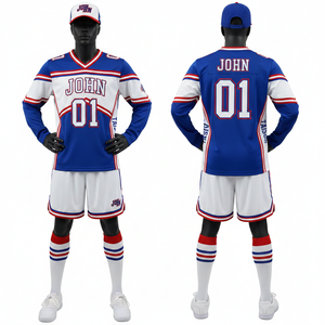 Uniforme de cheerleading pour hommes en polyester et élasthanne GSM, design à panneaux bleu, blanc et rouge, sublimation, logo personnalisé, uniforme de cheerleader - Product Image 1