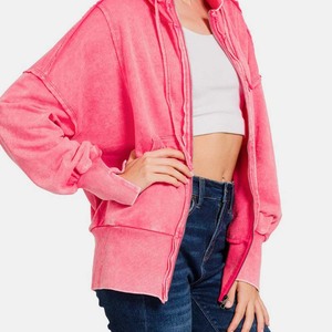 Sudadera con capucha con cremallera ácida personalizada para mujer, aspecto sólido Vintage, algodón de poliéster de gran tamaño, informal, para invierno, respetuoso con el medio ambiente - Product Image 3