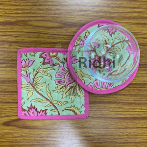 Pistachio Green Quilted Cotton Coasters Set 5x5" Hand Block Printed Eco-Friendly Reusable Drink Coasters Tea <b>Coffee</b> Mug Mats - Product Image 4