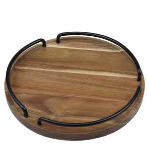 Élégant plateau rond en bois d'acacia avec poignées en métal Plateau de service artisanal pour le petit-déjeuner, les collations ou l'affichage de la table basse - Product Image 6