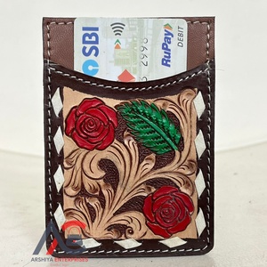 Portefeuille porte-cartes floral en cuir véritable repoussé unisexe tendance Nouveau porte-cartes de crédit mince en cuir de vache avec design floral et feuilles - Product Image 1