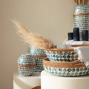 Handwoven Bamboo Rattan & <b>MOP</b> Inlay Decorative Serving Bowl With <b>Handles</b> For Dining Table And Party Food Display - Product Image 2