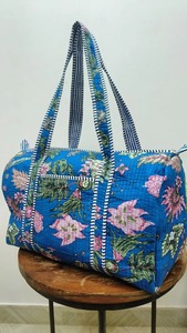 Handmade Blockprinted Quilted Cotton Duffle Bag Weekender Luxury Sky Blue Light Bold Floral Print Handprint Durable Eco-Friendly - Product Image 2