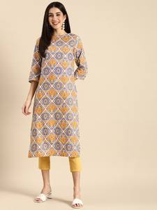 Mujeres étnicas amarillas motivos étnicos impreso puro algodón Kurta con pantalones indio pakistaní salwaar kameez traje - Product Image 3