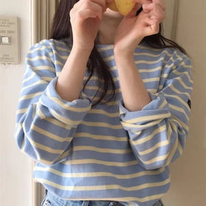 Camisetas Clásicas de Otoño a Rayas para Mujer, Manga Larga, Cuello Redondo, Estilo Casual, Tejido Holgado de Punto en Jersey de Algodón - Product Image 1