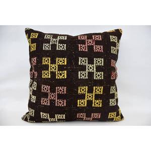 Brown Wool Kilim 28x28 Inch Luxury Pillow Cozy Vintage & <b>Fluffy</b> Square Patchwork Design Woven Technique Portable <b>Bedding</b> Use - Product Image 1
