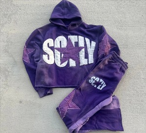 Custom Unisex Tracksuit Streetwear Distressed Patch Cut <b>Sew</b> Patchwork Hoodie Sweatpants <b>Set</b> Sweatsuit Quick Dry Anti-Bacterial - Product Image 1