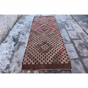 Alfombra turca Kilim de 3,2x8,7 pies, marrón, Beige, tejido plano, Jacquard, patrón abstracto, pelo de felpa, Material de lana, respaldo de látex - Product Image 1