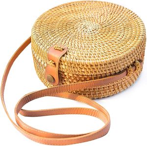 Sac à bandoulière rond en rotin tressé avec décoration en nœud, style bohème, sac à main léger pour femme, sac de plage - Product Image 4