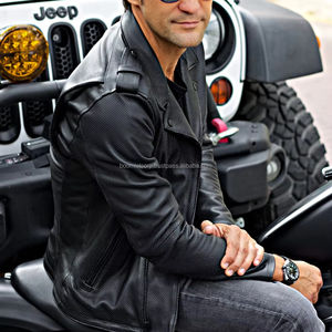 Veste de motard en cuir véritable noir | Cuir à grain naturel perforé | Veste de protection de moto élégante - Product Image 1