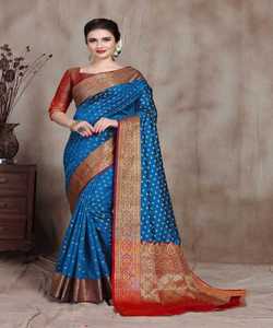 Banarasi soie Jacquard Saree avec chemisier femmes portent des dames fête Festival tenue quotidienne doux coton soie Sari en gros bas prix ApparelGarment - Product Image 2