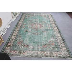Alfombra turca vintage, diseño de retales verde y blanco, 6,2x9,7 pies, tejido plano de lana con respaldo de látex para decoración de sala de estar - Product Image 1