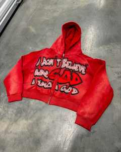 Hiver Personnalisé Impression DTG Logo Acid Washed Heavyweight Cotton Unisex Cropped Boxy Distressed Zip up Hoodie - Product Image 5