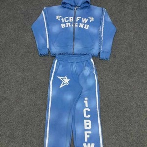 Survêtement personnalisé pour hommes 500 GSM lourd 100% coton à épaules tombantes fané par le soleil en détresse brodé coupe carrée recadrée avec fermeture éclair - Product Image 1