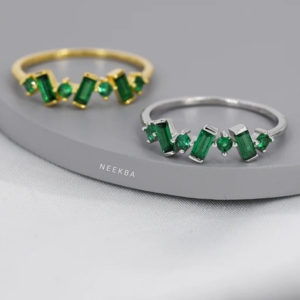 Emerald Green Baguette Ring Cluster Daily Wear Ring in 925 Sterling Silver Handcrafted Delicate Statement Ring - Product Image 4