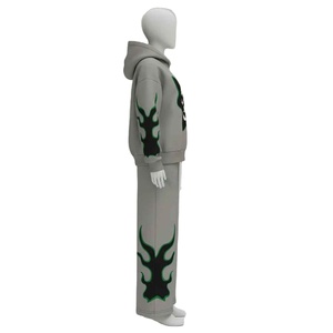 ชุดวอร์มสตรีทแวร์ Y2K สำหรับผู้ชาย เสื้อฮู้ดดี้ผ้าฟลีซสีเทาและกางเกงขาบานลายกราฟิกเปลวไฟ ขายส่งชุดออกกำลังกาย - Product Image 6