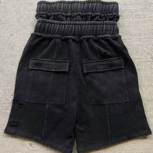 New Custom High Quality Streetwear Vintage Patch Sun Faded Distressed Double Waist Elastic Waist Baggy 100% Cotton <b>Sweat</b> <b>Shorts</b> - Product Image 4