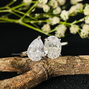 Anillos de compromiso Toi Et Moi de diamantes ovalados y pera de oro macizo de 14 quilates, anillo de diamantes cultivados en laboratorio ovalado y corte de pera - Product Image 2