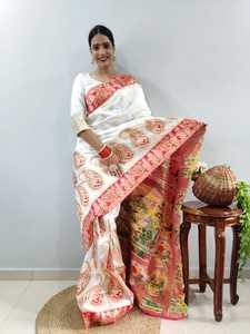 Banarasi estilo hermoso Meenakari trabajo suave seda blanco Saree diseñador indio tradicional boda fiesta Festival desgaste para mujeres - Product Image 3