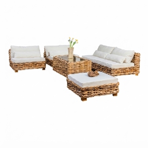 Handcrafted rattan sofa set natural wicker outdoor indoor patio sectional sofa modular couch coffee table stool cushion unit - Product Image 1
