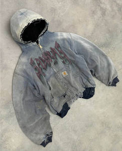 Sudadera con capucha de algodón 100% de 430 g/m² personalizada por el fabricante, estilo vintage con lavado ácido, efecto desgastado por el sol, corte holgado, cremallera con pedrería, para hombre, invierno - Product Image 3