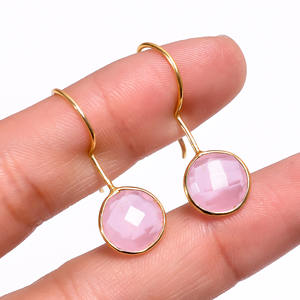 Gold-Plated Pink Chalcedony Drop <b>Earrings</b> Faceted Round Gemstone Minimalist Dangle Jewelry For Women - Product Image 3