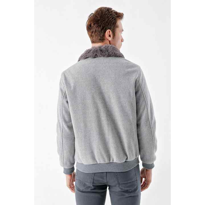 Men's Black Short Zipper Fur Collar Dynamic Fit Coat