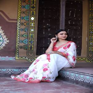 Sari de Lino Premium VASTRA COTTAGE con Borde de Zari Plateado, Estampado Digital y Blusa de Lino con Estampado Digital a Juego - Product Image 6