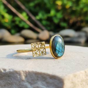 18K Gold Plated Labradorite Cuff <b>Bracelet</b>, Minimalist <b>Boho</b> Bangle - Product Image 2
