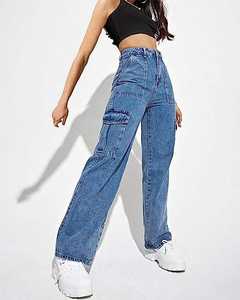 Jeans cargo streetwear Y2K pour femmes, taille haute, denim droit avec poches à rabat, lavage bleu - Product Image 3