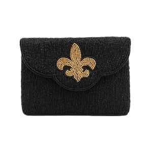 Premium Mini Clutch Evening Party Black Beaded Envelope Shape Classic Gold Fleur De Lis Detachable Chain Available Bulk Discount - Product Image 1