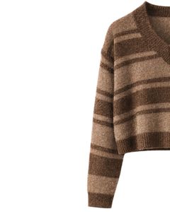 Custom Brown Striped Women V Neck Sweater Soft Knit Pullover Long Sleeve Winter Casual Fashion Jumper For Wholesale Supply - Product Image 3