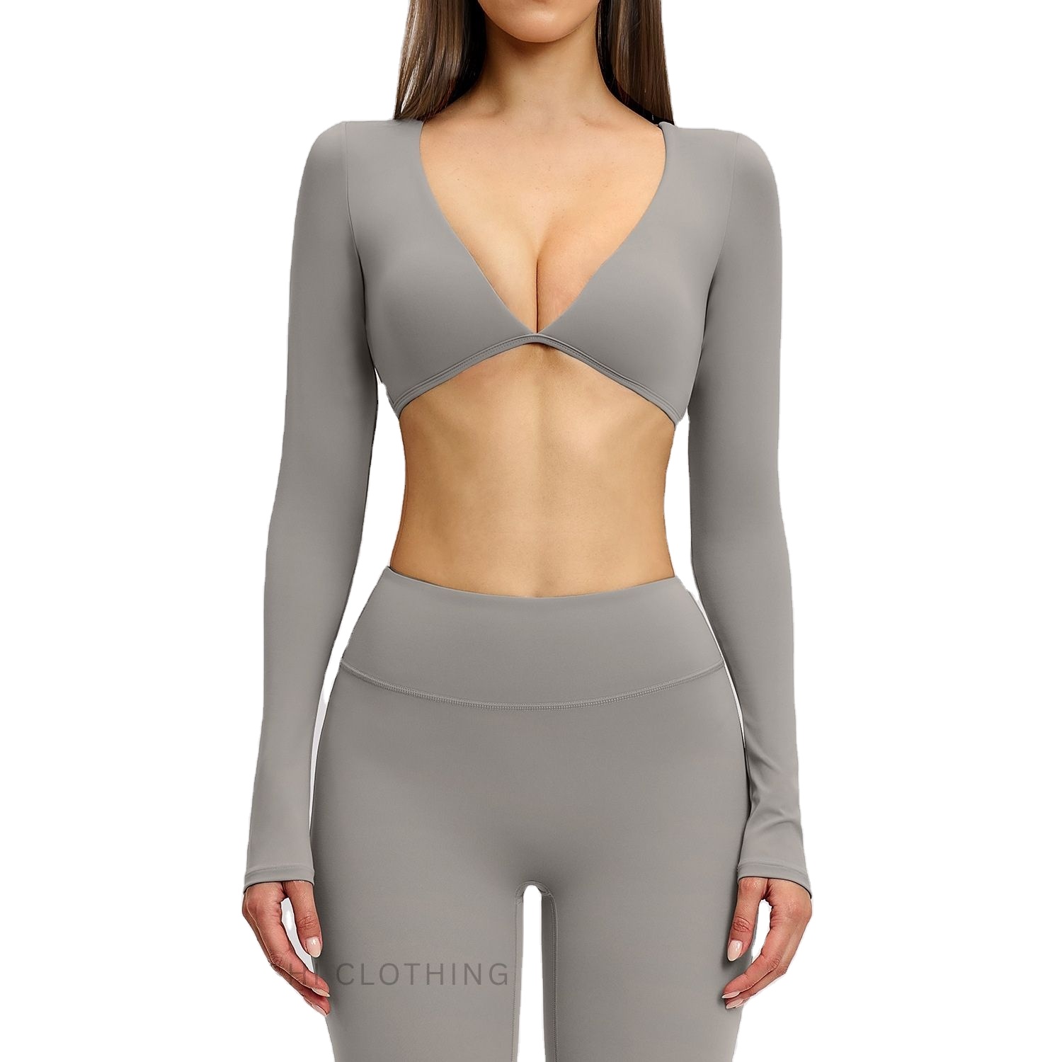 Casual Cross-Border Women Yoga Long Sleeve V-Neck Crop Sports Top Outdoor Running Gym Fitness Activewear Shirt Top Workout