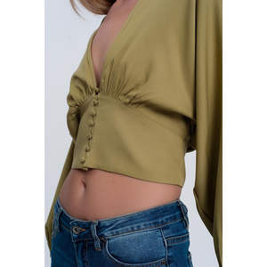 Top Corto Verde de Gasa con Mangas Abullonadas, Logotipo Bordado, Diseño a Cuadros Vintage, Talla XL, Elegante y Formal con Encaje para Primavera y Otoño - Product Image 2