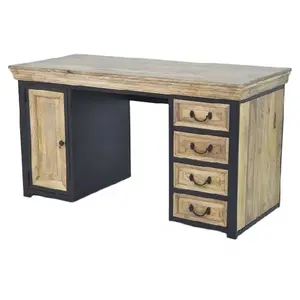 实心芒果木铁框架办公桌，带4个抽屉和单门储物柜电脑桌学习桌