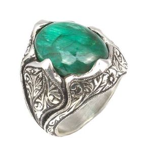 925 Sterling <b>Silver</b> Handmade Men's <b>Ring</b> with Boho Style <b>Statement</b> Leaf Motif and Geometric Oval Jade Stone for Everyday Wear - Product Image 1