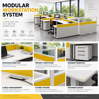 Bureau de travail moderne multi-personnes, table linéaire pour personnel avec cloison d'intimité et meuble de rangement mobile