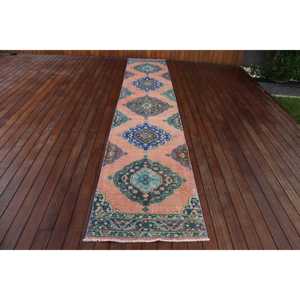 Alfombra Vintage de 2,5x13,2 pies, Alfombra Turca, Alfombra con Borde Azul - Product Image 1