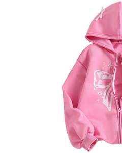 <b>Pink</b> Bow Butterfly Print Zip Up <b>Hoodie</b> Women Fleece Hooded Sweatshirt Cute Streetwear Style Jacket - Product Image 2